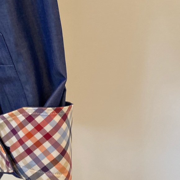 Lorenzo Uomo Mens Blue Dress Shirt w Contrasting Plaid Cuff Collar /16 32-33 - Picture 7 of 13